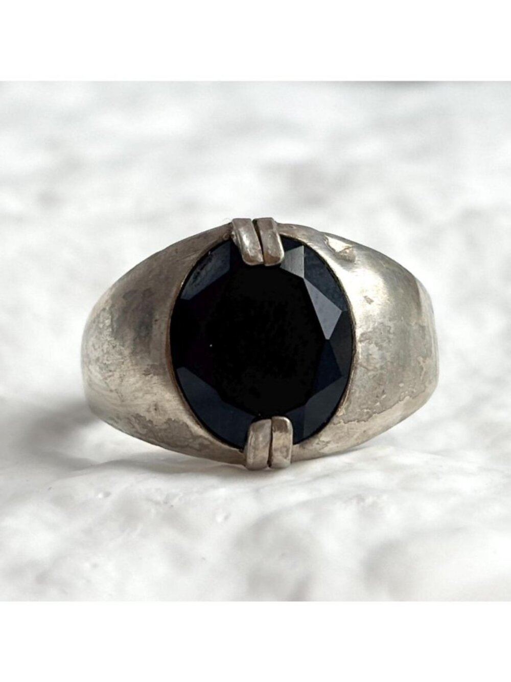 Black Onyx Faceted Oval Minimalist Sterling Silver 925 Vintage Ring - sz 9.25